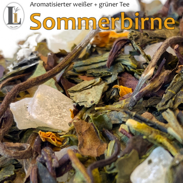 Aromatisierter weißer + grüner Tee: Sommerbirnee